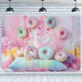 Süßer Donut Themen Fotohintergrund für Kindergeburtstagsfeiern Dekorationen Hintergrund - Donut-Thema (SBJ-002) / 95x75cm / Rosa Blau Verlauf