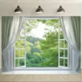 Toile de fond photographique 3D avec vue sur forêt par fenêtre ouverte et rideaux blancs - Style de Paysage Naturel (SBJ-001) / 95x75cm