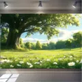 Fond photographique nature avec une prairie forestière luxuriante et des marguerites. - Style Paysage de Forêt et Prairie (SBJ-002) / 95x75cm