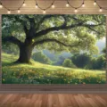 Fond de photographie de forêt et prairie avec grand arbre et fleurs jaunes pour fêtes et décors - Style Paysage de Chêne de Forêt (SBJ-003) / 95x75cm