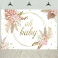 Floral boho oh baby shower backdrop with gold glitter circle for party decoration - Oh Baby Bohemian Floral Theme (SBJ-004) / 95x75cm