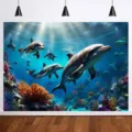 Fondo fotográfico de océano con delfines para decoración de fiestas de cumpleaños - Arrecife de Coral Delfines y Peces Tropicales (SBJ-005) / 95x75cm