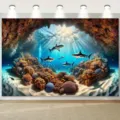 Fondo fotográfico del océano bajo el agua con tiburones y arrecifes de coral - Paisaje de Arrecife de Tiburones en Alta Mar (SBJ-006) / 95x75cm