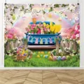 Farbenfroher Oster-Fotohintergrund mit blauem Blumentruck, Hasen und bunten Eiern - Osterhintergrund (SBJ-005) / 95x75cm / bunt