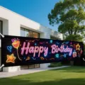Neon Happy Birthday yard banner with black brick pattern for party - SHF-0014 / Neon Pink Birthday Style / 30x120cm (Punched with Rope)