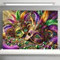 Mardi Gras masquerade party backdrop featuring ornate masks and colorful feathers - Carnival Mask (SBJ-009) / 95x75cm
