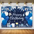 Blue and silver Happy Birthday photography backdrop featuring balloons, gifts, and champagne - SBJ-007