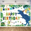 Cartoon Dinosaurier Geburtstag Party Hintergrund mit bunten Ballons und Blättern - Dinosaurier-Paradies 6 (SBJ-006) / 95x75cm