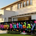 Vibrant Happy Birthday banner for outdoor yard party decoration with colorful balloons - SHF-005 / 30x120cm Gromet Rope Pack