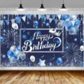 Blue birthday photography backdrop with balloons and Happy Birthday script text decor - SBJ-008