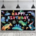 Bunte Cartoon Dinosaurier Weltraum Geburtstag Hintergrund für Kinderparty Wanddekoration - Weltraum-Dinosaurier-Stil (SBJ-007) / 95x75cm