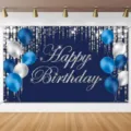 Professional blue birthday photography backdrop featuring silver balloons and glitter text - SBJ-009