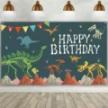 Cartoon Dinosaurier Skelett Geburtstagshintergrund für Kinderparty - Cartoon-Dinosaurier-Skelett-Fossilien-Druck (SBJ-008) / 95x75cm / Dunkles Cyan