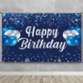 Blue Happy Birthday photography backdrop featuring silver balloons and confetti design - DABJB022