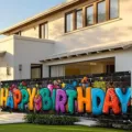 Colorful graffiti Happy Birthday banner hanging in a garden setting - SHF-008 / 30x120cm Gromet Rope Pack