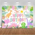 Cartoon-Dinosaurier Happy Birthday Party-Hintergrund mit Pastellfarben und Blättern - Macaron Dinosaurier Paradies (SBJ-0010) / 95x75cm