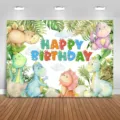 Aquarell-Cartoon-Dinosaurier-Happy-Birthday-Fotohintergrund für Kindergeburtstagsfeiern - Cartoon Dinosaurier Geburtstagsparty (SBJ-0011) / 95x75cm