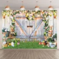 Oster-Fotohintergrund mit Scheunentor-Design Hasen und bunten Eiern für Studios - Osterhintergrund (SBJ-006) / 95x75cm