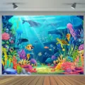 Fondo de fotografía tema océano con animales marinos para fiesta de cumpleaños - Mundo Submarino de Dibujos Animados (SBJ-007) / 95x75cm