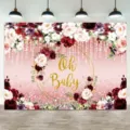 Floral Oh Baby theme photography backdrop for baby shower and gender reveal party - Pink Rose Gold Ring Theme (SBJ-007)