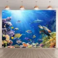 Fondo de fotografía del mundo marino con tortugas marinas y tiburones para fiestas. - Paisaje de Tortuga Marina y Tiburón (SBJ-008) / 95x75cm