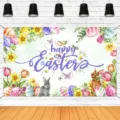 Oster-Fotohintergrund Aquarell mit Hasen, Eiern und Blumenmustern für Feste - Osterhintergrund (SBJ-007) / 95x75cm