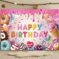 Toile de fond d'anniversaire thème dessert avec beignets et glaces pour fête d'enfant. - Thème Dessert Sucré (SBJ-006) / 95x75cm