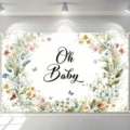 Floral Oh Baby baby shower photography backdrop with watercolor flowers and butterflies - Watercolor Floral and Butterfly Theme (SBJ-008)