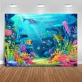 Fondo fotográfico de animales marinos para fiestas de cumpleaños infantiles - Ballena y Tortuga de Dibujos Animados Submarina (SBJ-009) / 95x75cm