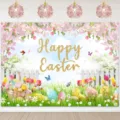 Oster Fotohintergrund mit lebhaftem Blumengarten und goldenem Happy Easter Text - Osterhintergrund (SBJ-008) / 95x75cm