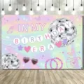 In My Birthday Era thema fotografie achtergrond met discoballen en vlinders - Roze blauw verloop Birthday Era-stijl (SBJ-006) / 95x75cm