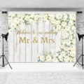 Wedding photography backdrop featuring white roses and gold glitter Mr. & Mrs text - White Wood Grain Floral Wedding Style (SBJ-009)