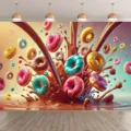 Toile de fond photographique vibrante avec des donuts colorés dans un éclat de chocolat - Thème Éclaboussure de Chocolat au Beignet (SBJ-007) / 95x75cm