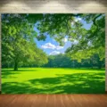 Toile de fond photographie nature forêt et pelouse verte pour décoration de fête en plein air - Style Prairie Forestière (SBJ-006) / 95x75cm / Multicolore