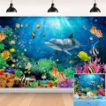 Fondo de fotografía con tema de océano y animales submarinos para fiesta infantil - Burbujas de Coral Delfines y Peces Tropicales (SBJ-0010) / 95x75cm