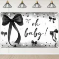 Black and white oh baby baby shower backdrop with elegant ribbon bows decoration - Oh Baby Black Bow Theme (SBJ-010)