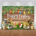 Farbenfroher Oster-Fotohintergrund mit rustikalem Holzdekor bunten Hasen und Eiern - Osterhintergrund (SBJ-009) / 95x75cm