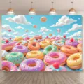Toile de fond photo beignets colorés pour décoration de fête d'anniversaire enfant. - Thème Beignet (SBJ-008) / 95x75cm