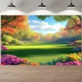 Fond photographique avec forêt luxuriante et jardin fleuri pour fêtes à thème en extérieur - Style Forêt Prairie Fraîche (SBJ-007) / 95x75cm