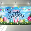 Festlicher Fotohintergrund für Ostern mit bunten Eiern und Hasenohren Illustration - Osterhintergrund (SBJ-0010) / 95x75cm
