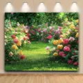 Fond de photographie de jardin avec roses en fleurs et sentier d'herbe verte pour fêtes. - Style de Jardin Secret (SBJ-009) / 95x75cm