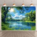 Fond de photographie nature avec forêt et lac sous un ciel bleu ensoleillé pour décor - Style de paysage naturel (SBJ-0010) / 95x75cm