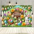 Farbenfroher Oster-Fotohintergrund mit Hase, Eiern, Blumen und Happy Easter-Schild. - Osterhintergrund (SBJ-0012) / 95x75cm