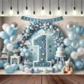 Sfondo fotografico 1° compleanno con arco di palloncini blu argento e orsetto di peluche - Tema di Compleanno Blu e Argento (SBJ-005) / 150x90cm