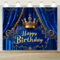 Luxuriöser blau-goldener Foto-Hintergrund zum Geburtstag mit goldener Krone und Vorhang - SBJ-005 / 95x75cm