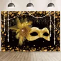 Eleganter Hintergrund für Maskenball mit goldener Maske und goldenen Bokeh-Lichteffekten - Schwarz Gold Feder Maskenball Maske Stil (SBJ-005) / 95x75cm