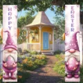 Pancartas de Pascua festivas para porche con gnomos rosas y estampados de huevos color - Estilo Gnomo Rosa Púrpura / 30X180cm