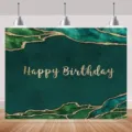 Sfondo fotografico di compleanno in marmo verde con scritta dorata Happy Birthday - Stile Marmo Foglia d'Oro (SBJ-001) / 95x75cm