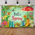 Hello Spring theme photography backdrop with flowers, rain boots, and umbrella design. - Spring Theme Backdrop (SBJ-002) / 95x75cm