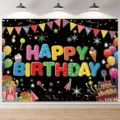 Sfondo fotografico colorato Happy Birthday con palloncini a cartoni animati e torte. - Stile Celebrazione Nero (SBJ-003) / 95x75cm